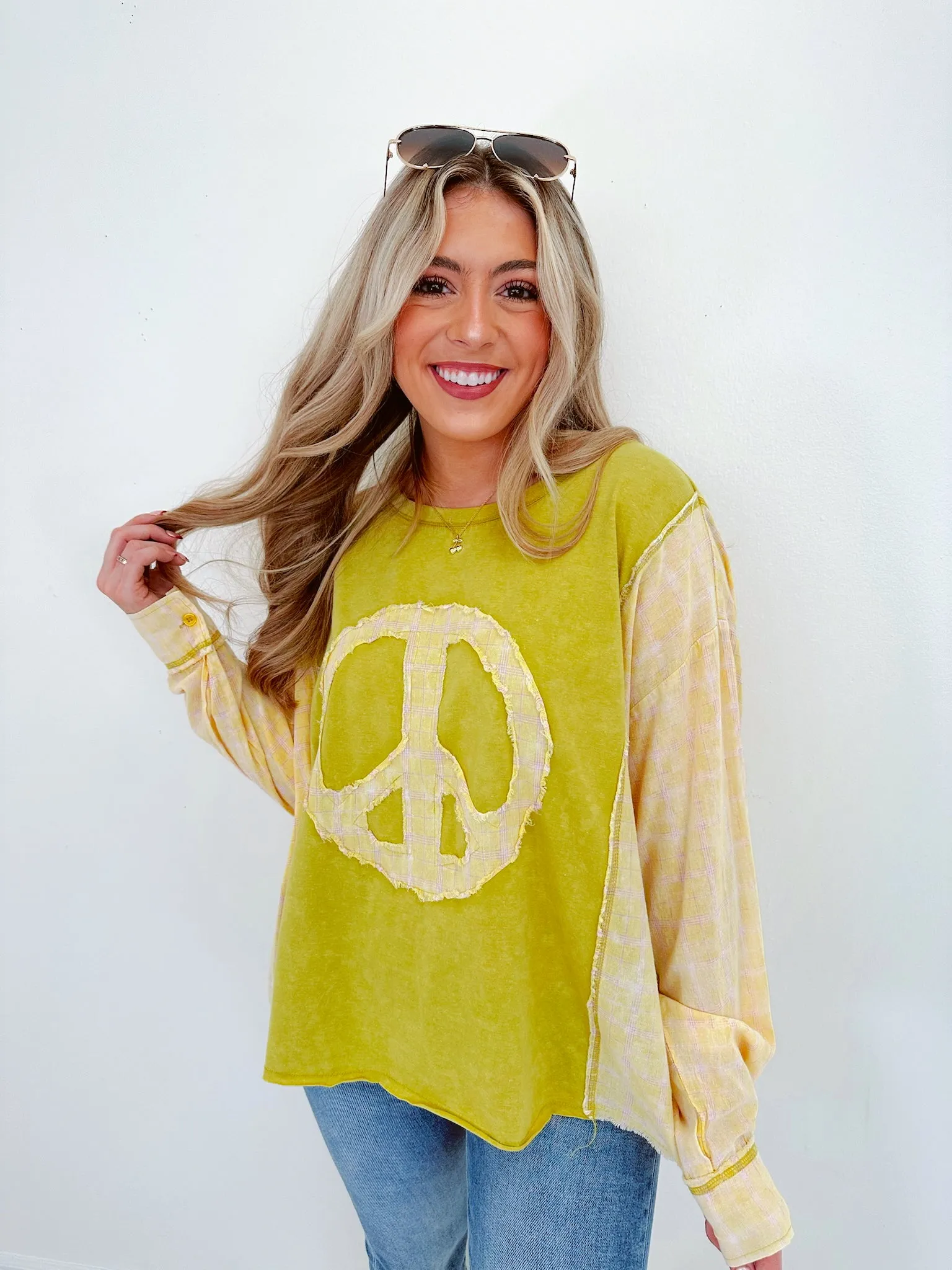 Inner Peace Plaid Patch Top - Lime Green