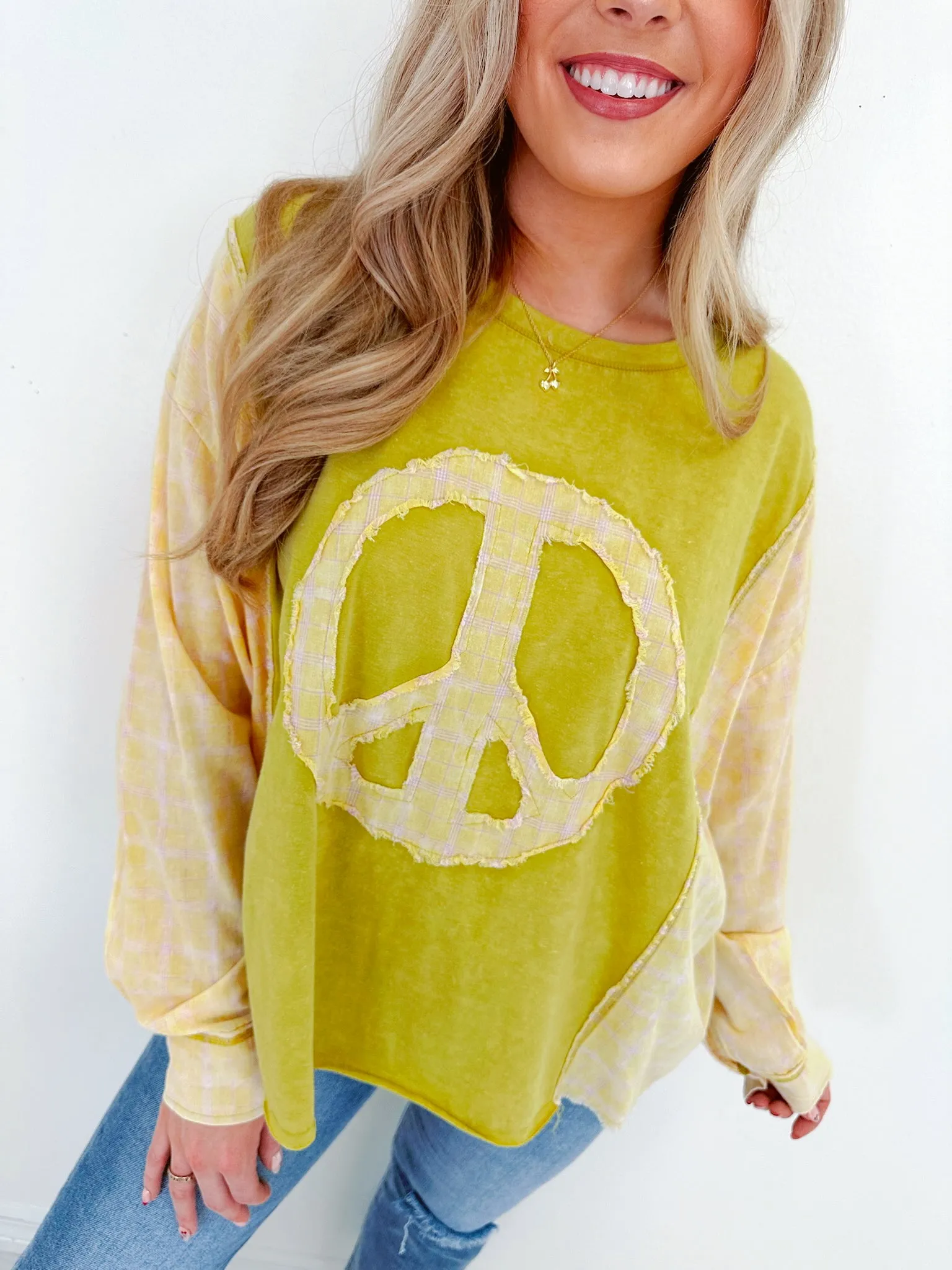 Inner Peace Plaid Patch Top - Lime Green