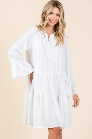 Ivory Tiered Notched Flare Sleeve Dress