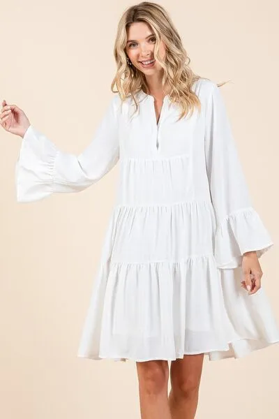Ivory Tiered Notched Flare Sleeve Dress