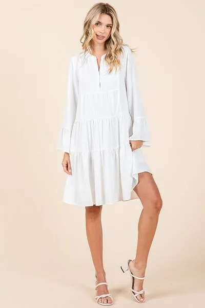 Ivory Tiered Notched Flare Sleeve Dress