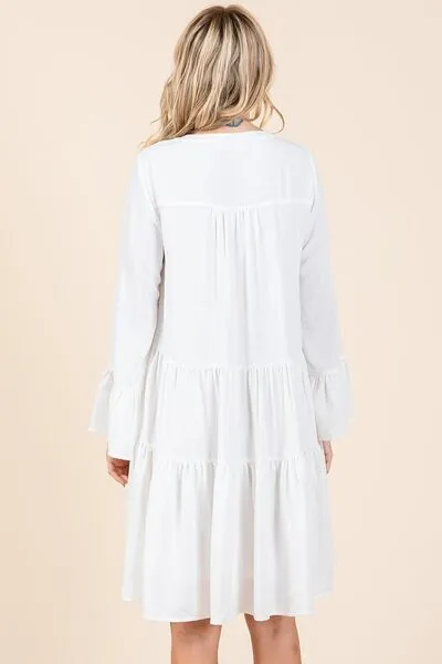 Ivory Tiered Notched Flare Sleeve Dress