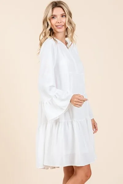 Ivory Tiered Notched Flare Sleeve Dress