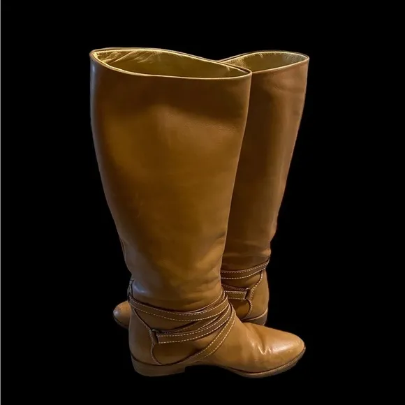Joan &amp; David Brown Camel Soft Leather Riding Boots Strappy Handmade Italy Sz 6?