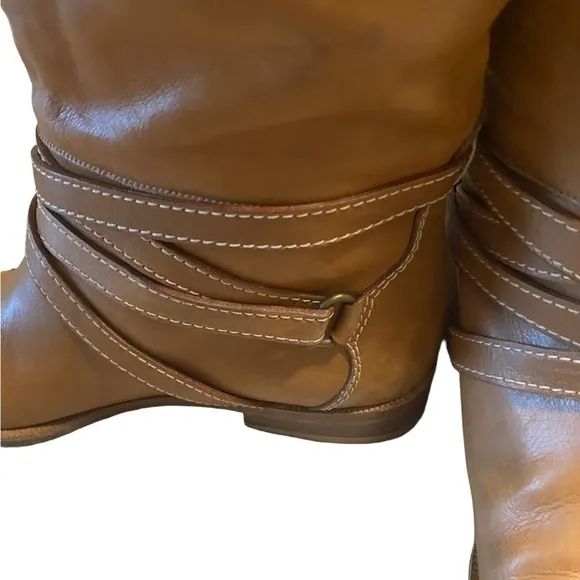 Joan &amp; David Brown Camel Soft Leather Riding Boots Strappy Handmade Italy Sz 6?