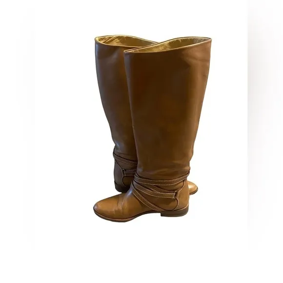 Joan &amp; David Brown Camel Soft Leather Riding Boots Strappy Handmade Italy Sz 6?