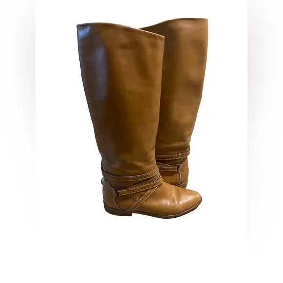 Joan &amp; David Brown Camel Soft Leather Riding Boots Strappy Handmade Italy Sz 6?