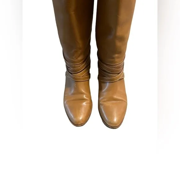 Joan &amp; David Brown Camel Soft Leather Riding Boots Strappy Handmade Italy Sz 6?