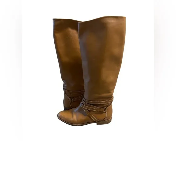 Joan &amp; David Brown Camel Soft Leather Riding Boots Strappy Handmade Italy Sz 6?