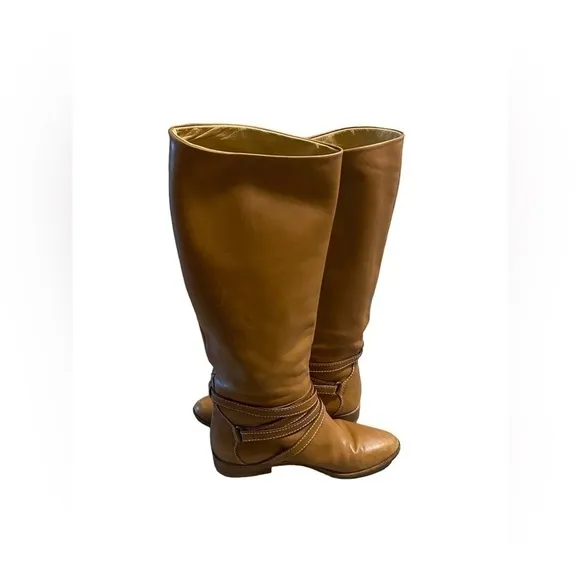 Joan &amp; David Brown Camel Soft Leather Riding Boots Strappy Handmade Italy Sz 6?