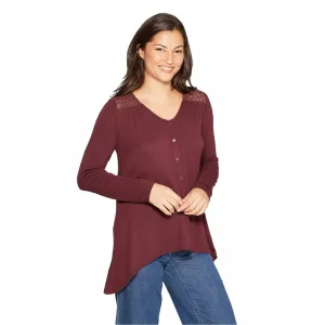 Knox Rose Women's Long Sleeve V-Neck Button Front Knit Blouse
