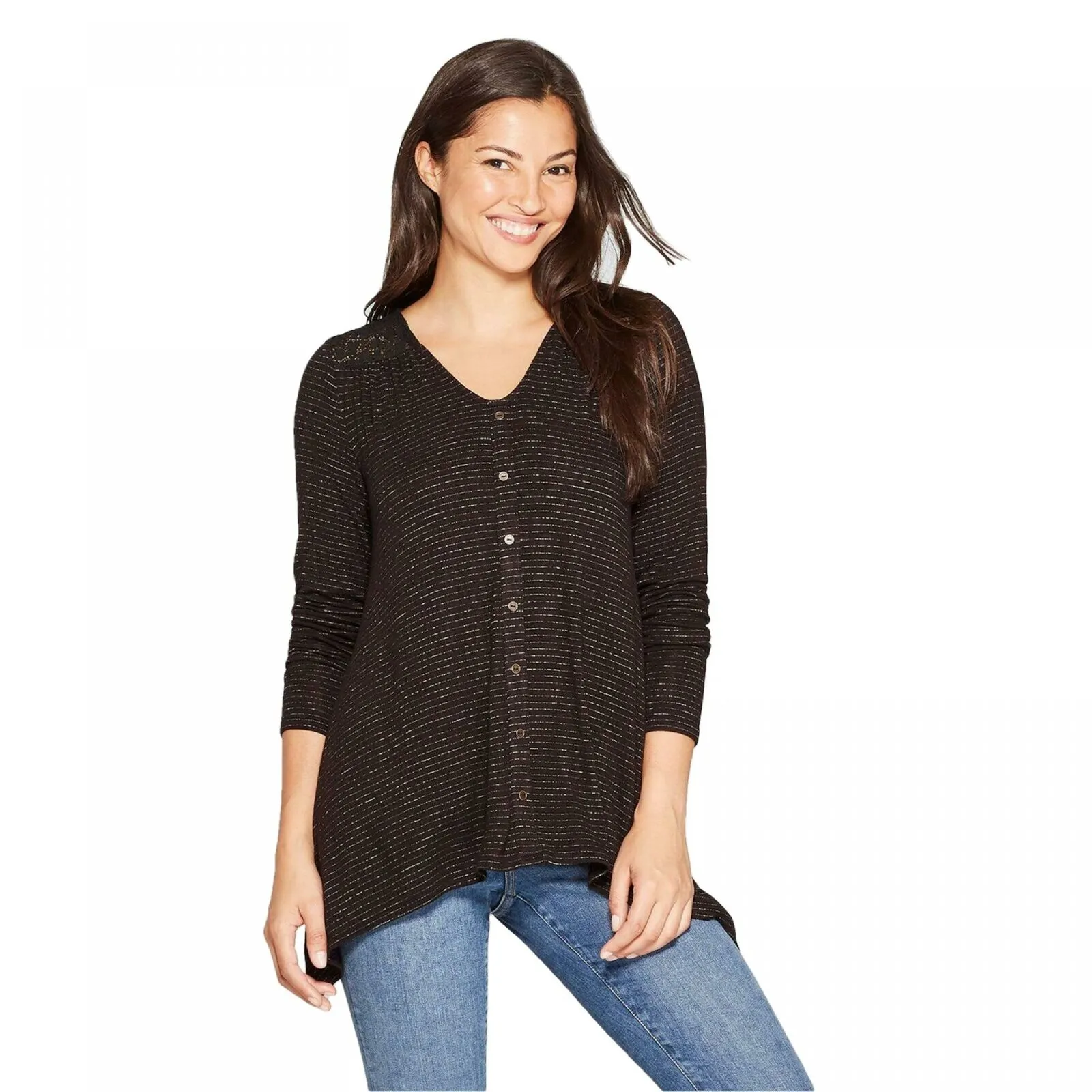 Knox Rose Women's Long Sleeve V-Neck Button Front Knit Blouse