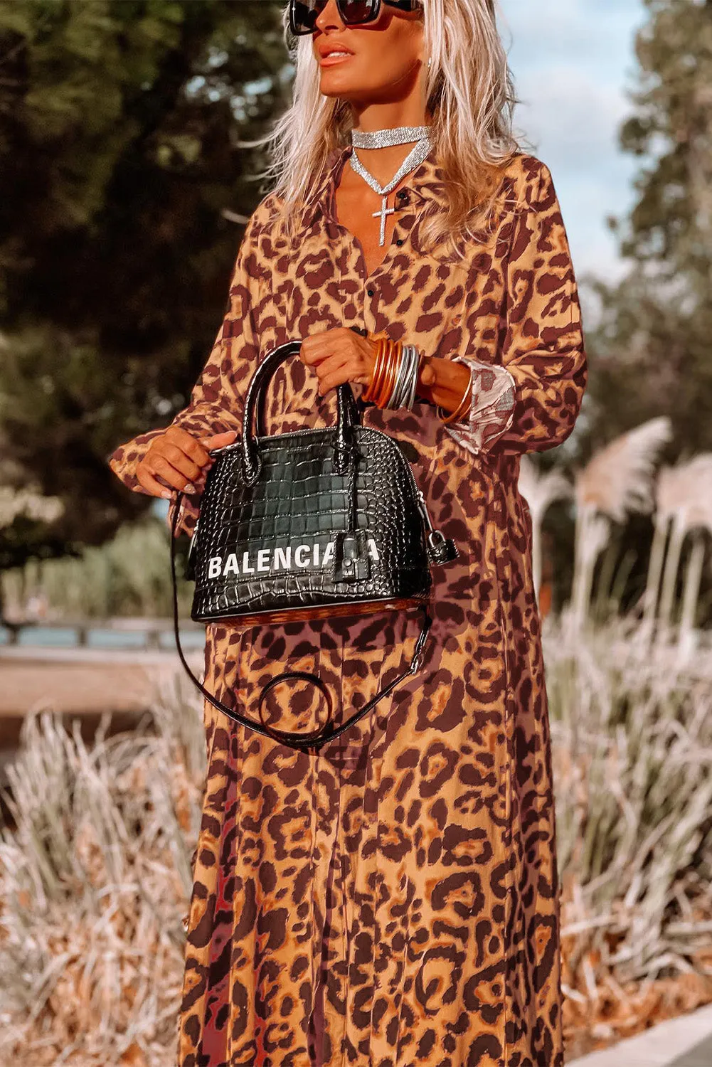 Leopard Button-Up Long Sleeve Maxi Dress