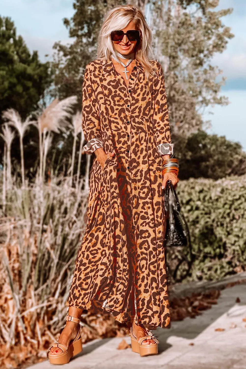 Leopard Button-Up Long Sleeve Maxi Dress
