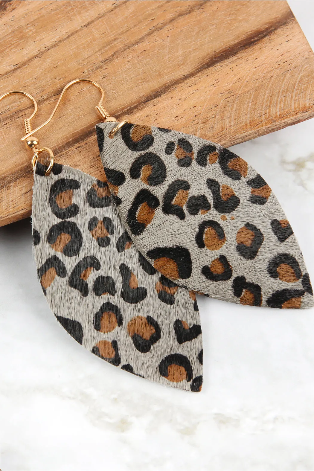 LEOPARD MARQUISE LEATHER HOOK EARRINGS