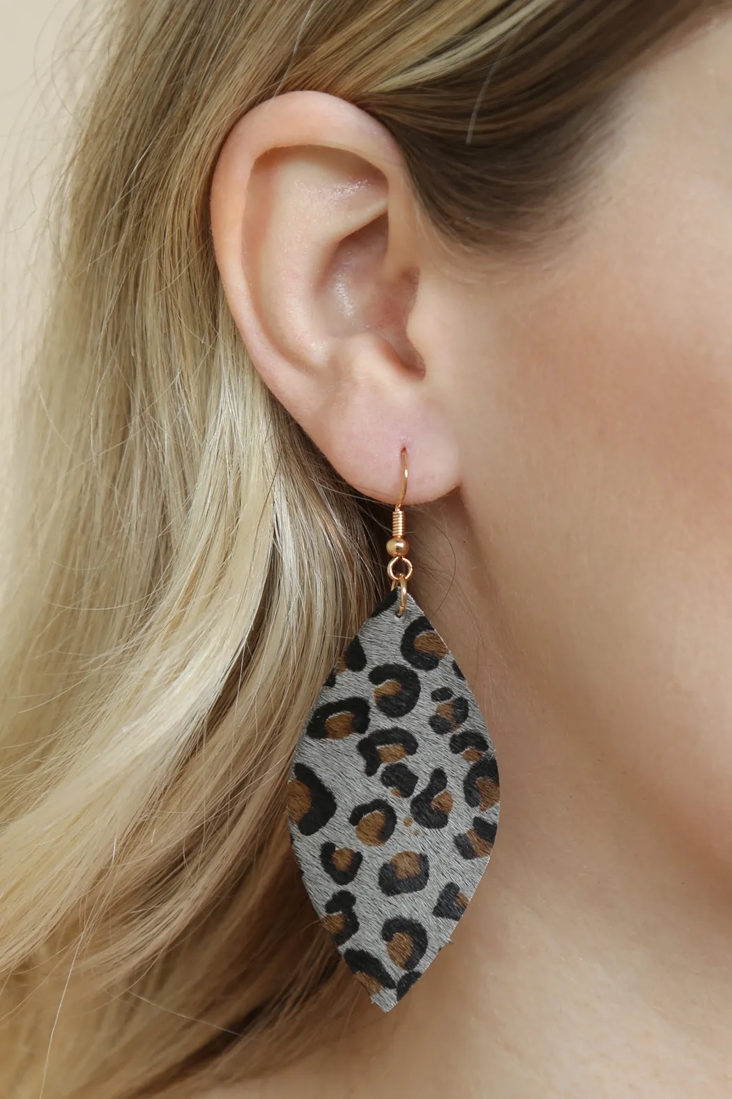 LEOPARD MARQUISE LEATHER HOOK EARRINGS