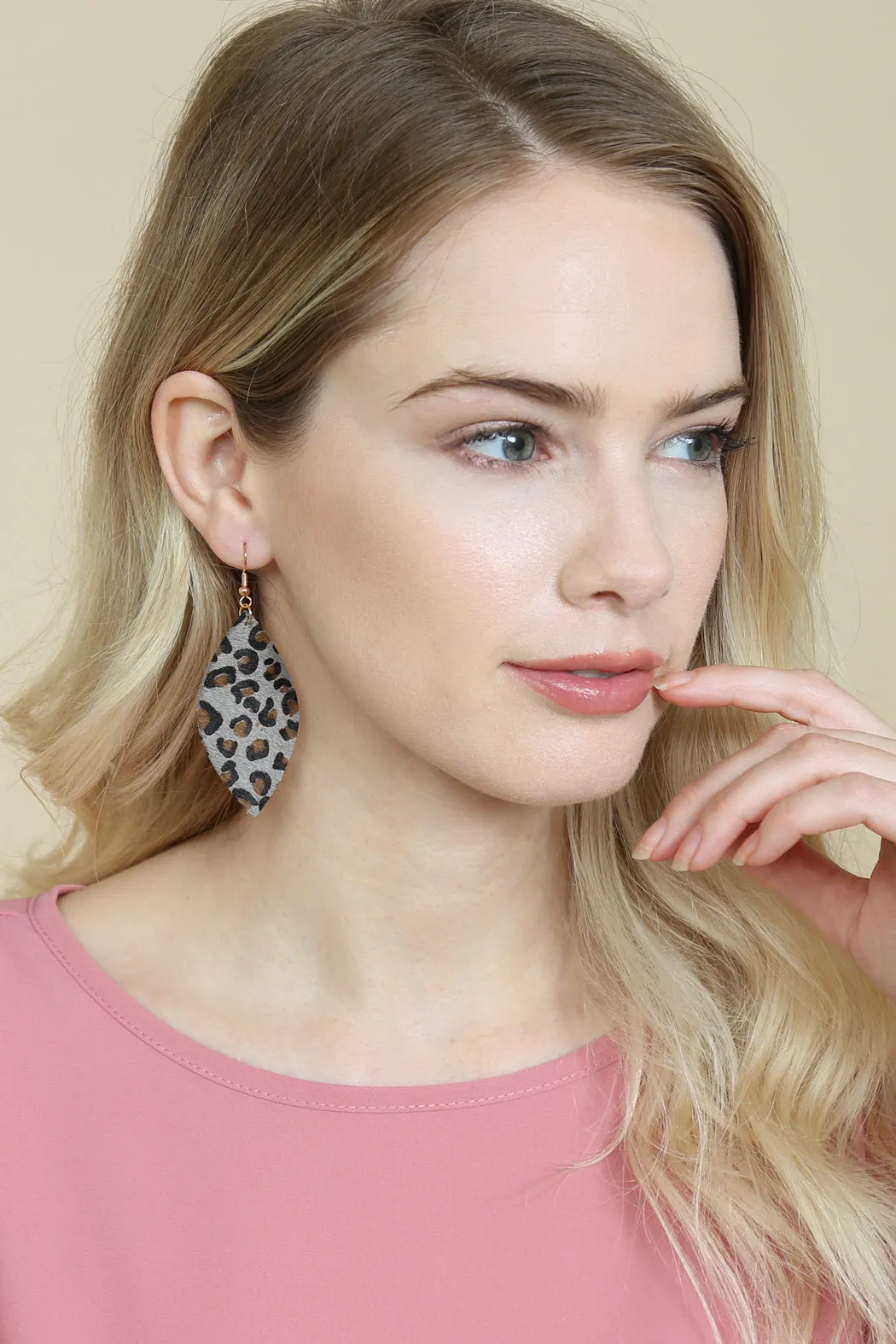 LEOPARD MARQUISE LEATHER HOOK EARRINGS