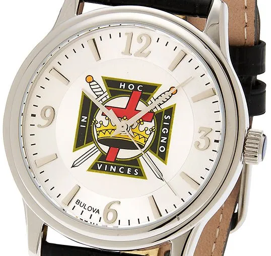 Men's Bulova Stainless Steel Freemason Knights Templar Watch with Black Leather Strap