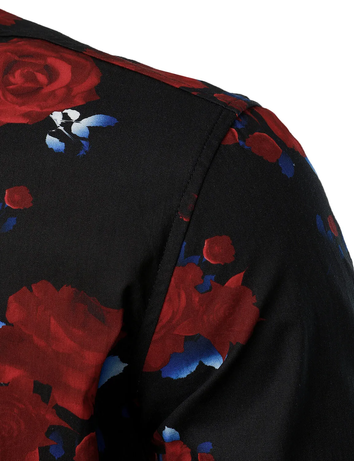 Men's Red Rose Print Cotton Button Up Long Sleeve Shirt