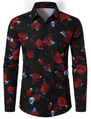 Men's Red Rose Print Cotton Button Up Long Sleeve Shirt