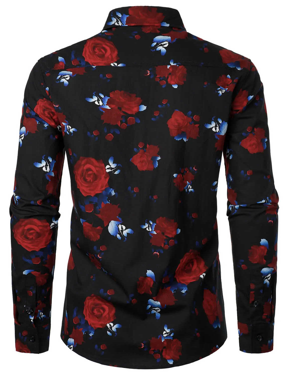 Men's Red Rose Print Cotton Button Up Long Sleeve Shirt