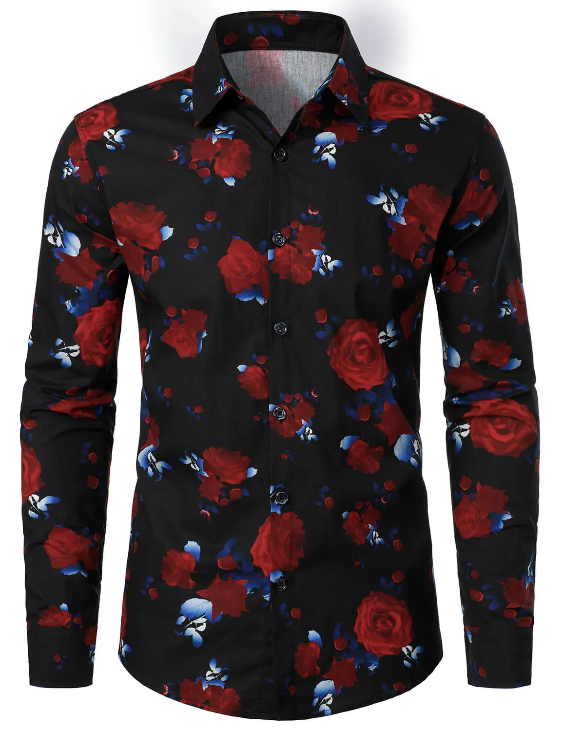 Men's Red Rose Print Cotton Button Up Long Sleeve Shirt
