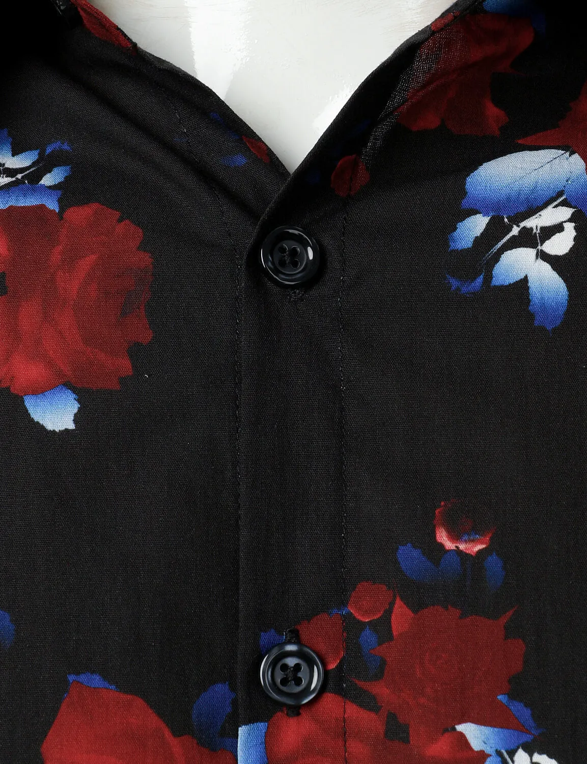 Men's Red Rose Print Cotton Button Up Long Sleeve Shirt