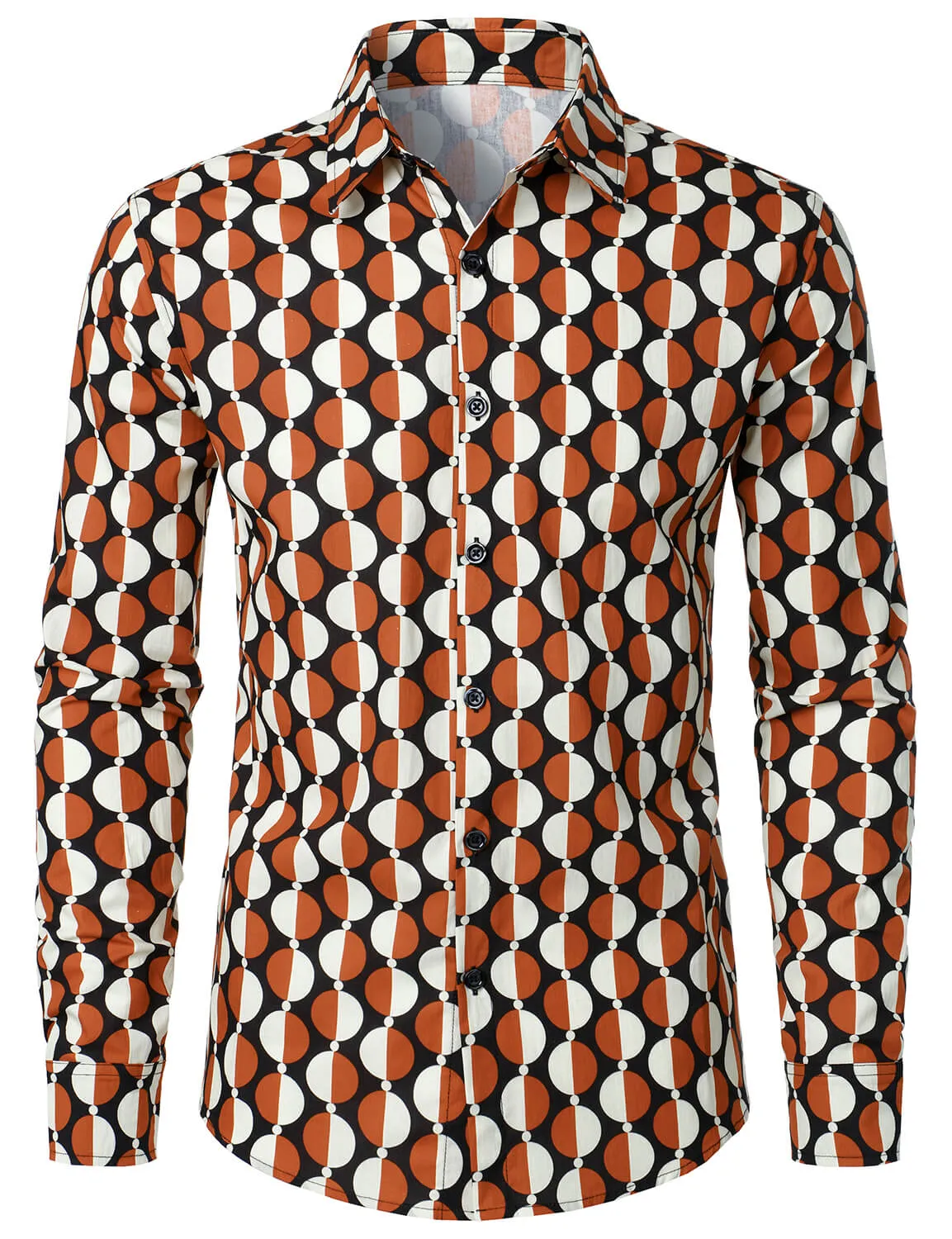 Men's Retro Geometric Round Print Cotton Button Long Sleeve Shirt