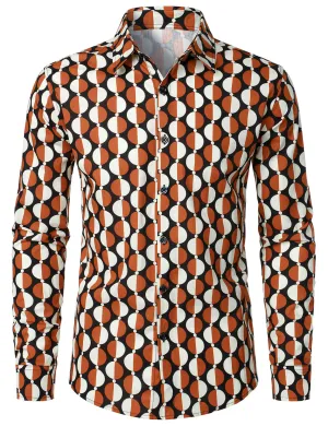 Men's Retro Geometric Round Print Cotton Button Long Sleeve Shirt