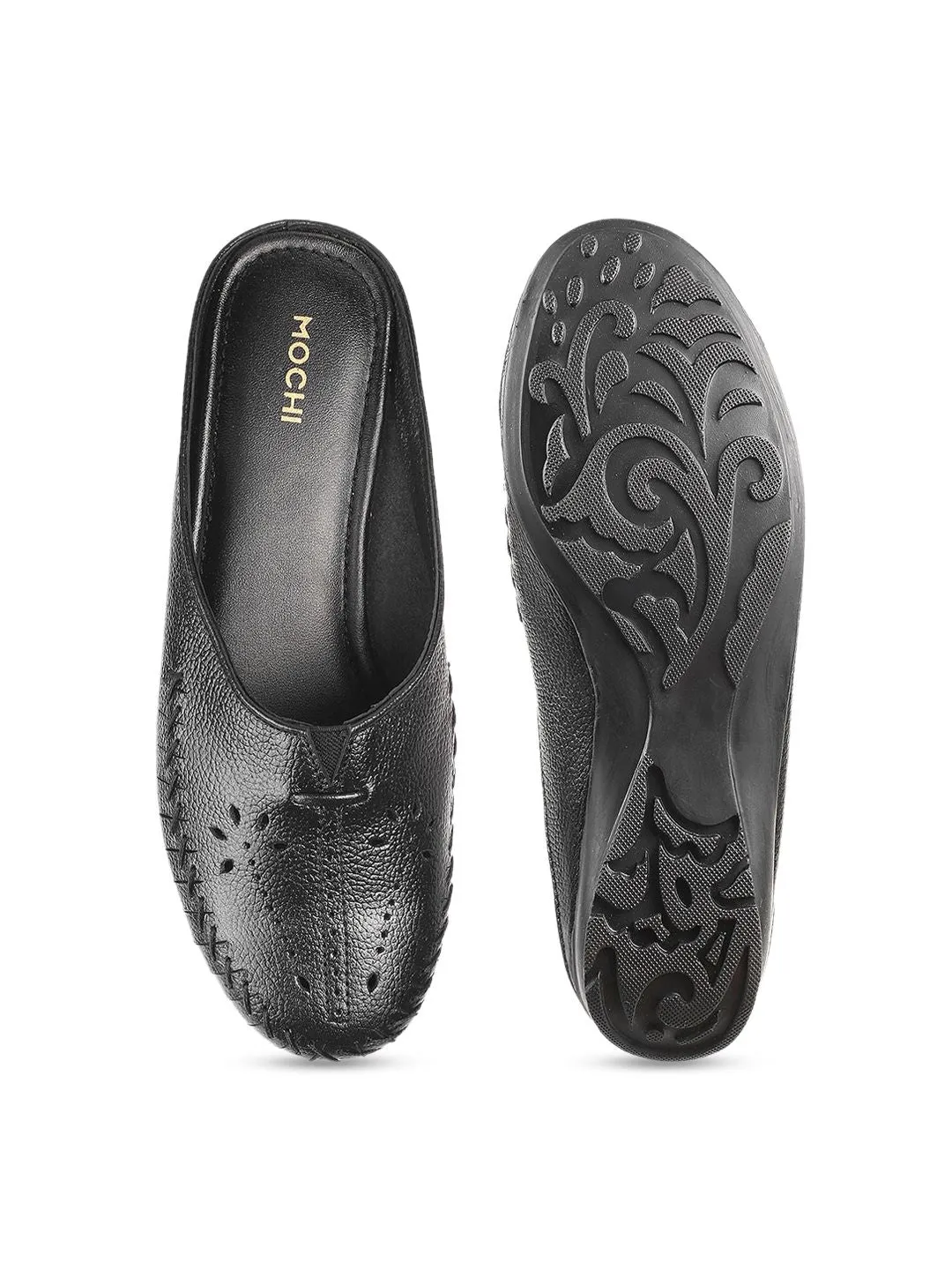 Mochi Women Black Mules with Laser Cuts Flats