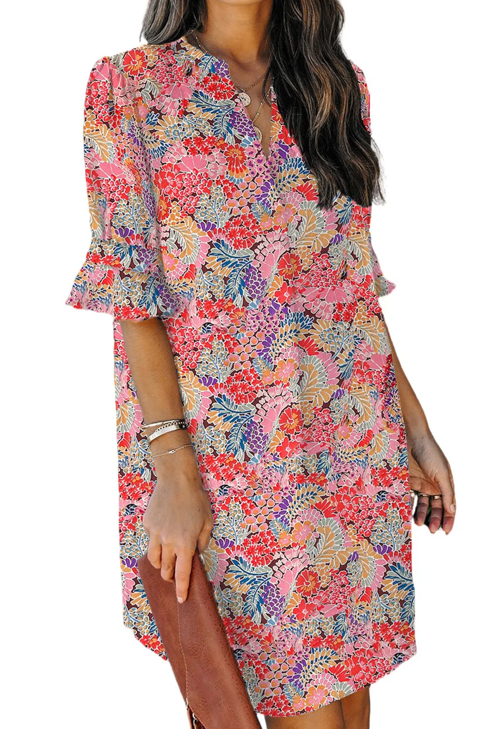 Multicolor Boho Floral Printed Flutter Sleeve Dress