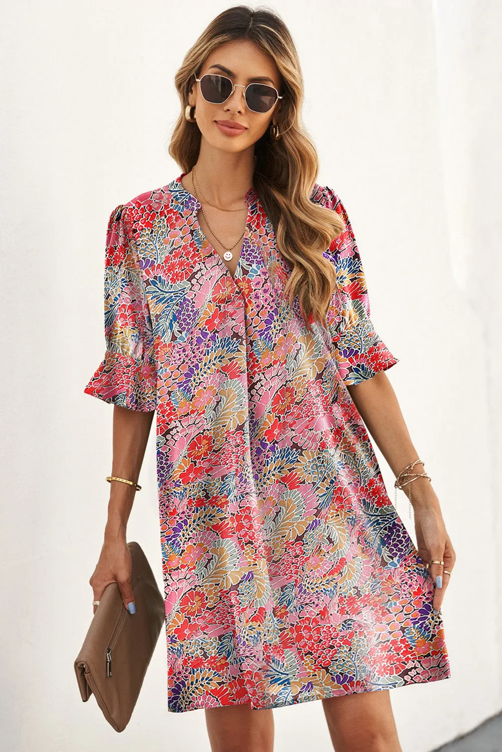 Multicolor Boho Floral Printed Flutter Sleeve Dress