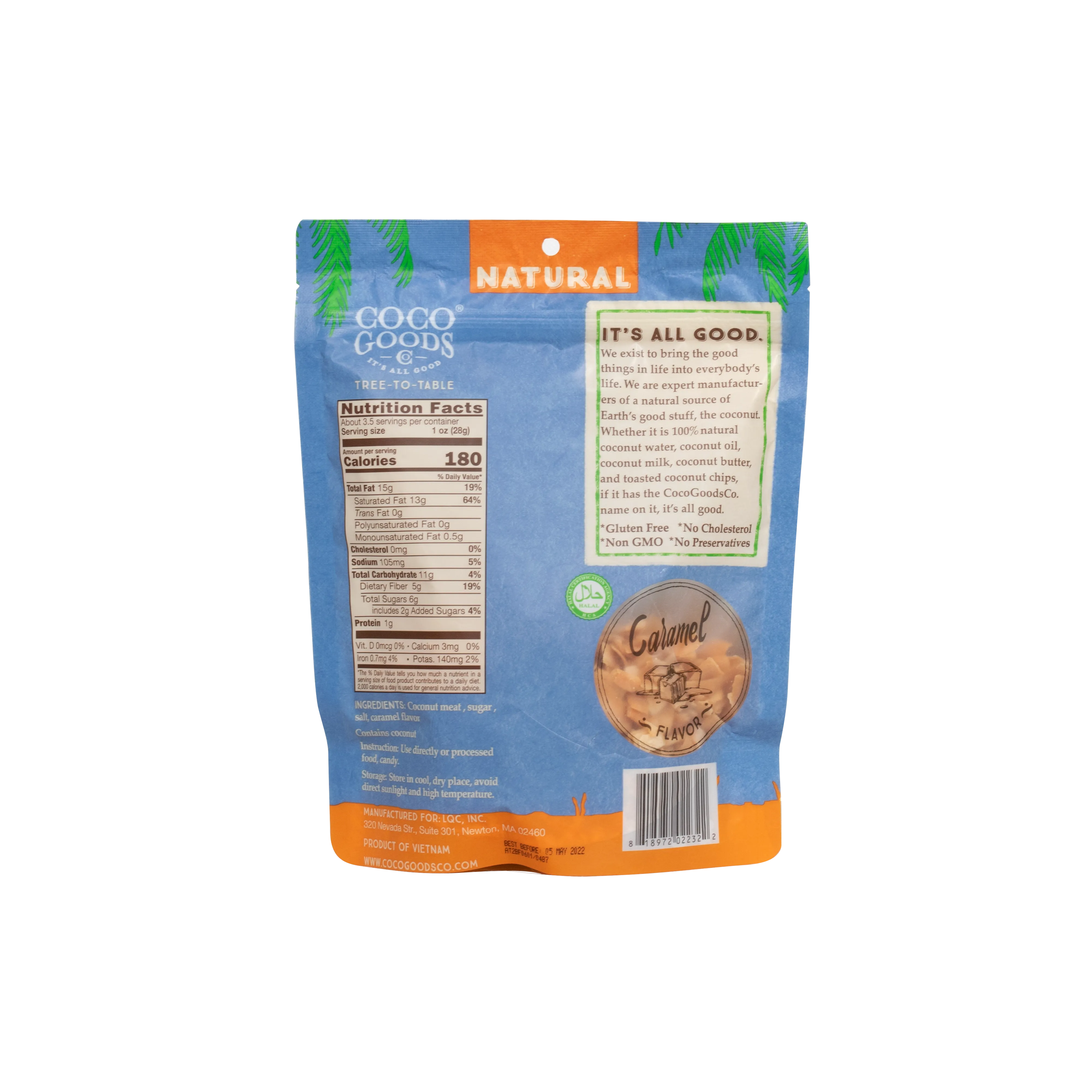 Natural Toasted Coconut Chips, Caramel 3.5 oz Zip Lock Bag