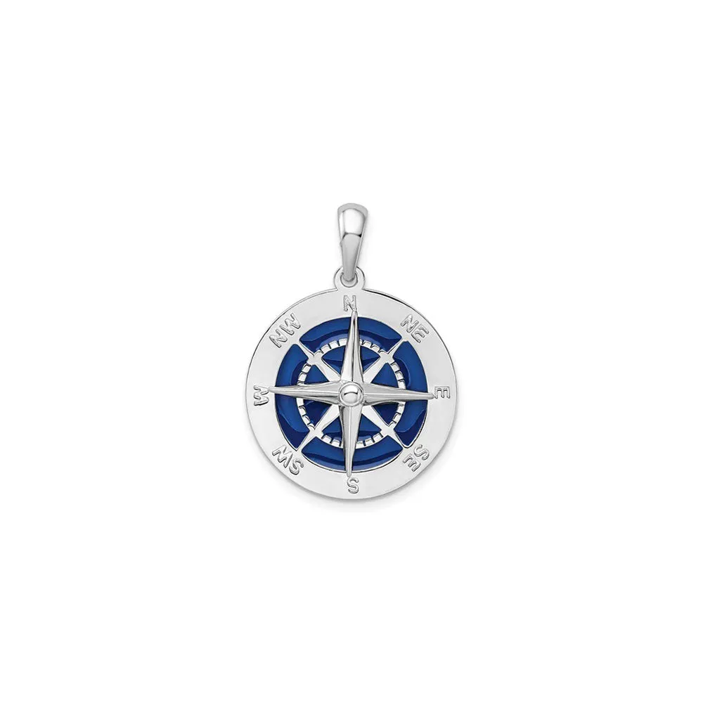 Nautical Blue Enameled Compass Pendant (Silver)