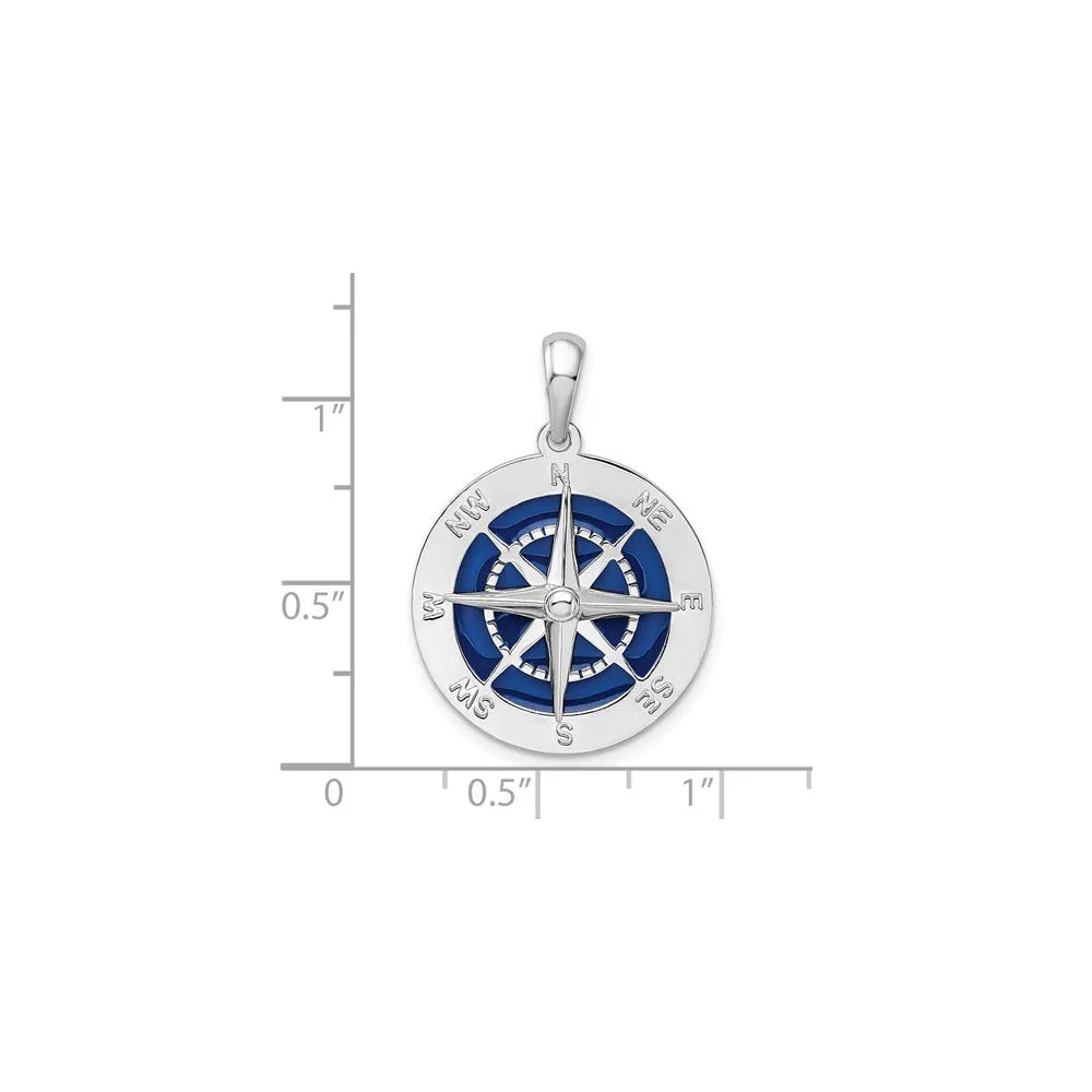 Nautical Blue Enameled Compass Pendant (Silver)