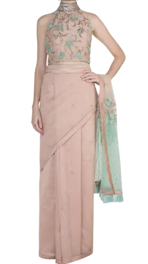 Nude & Mint Embroidered Sari Set