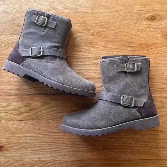 NWT UGG K Harwell Bomber Boots Kids Brown Teak Leather Wool Lining
