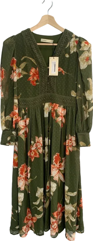 Oasis Khaki Floral Printed Ossby Chiffon Midi Dress UK 10