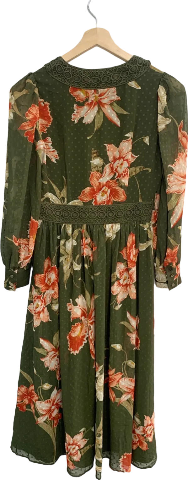 Oasis Khaki Floral Printed Ossby Chiffon Midi Dress UK 10