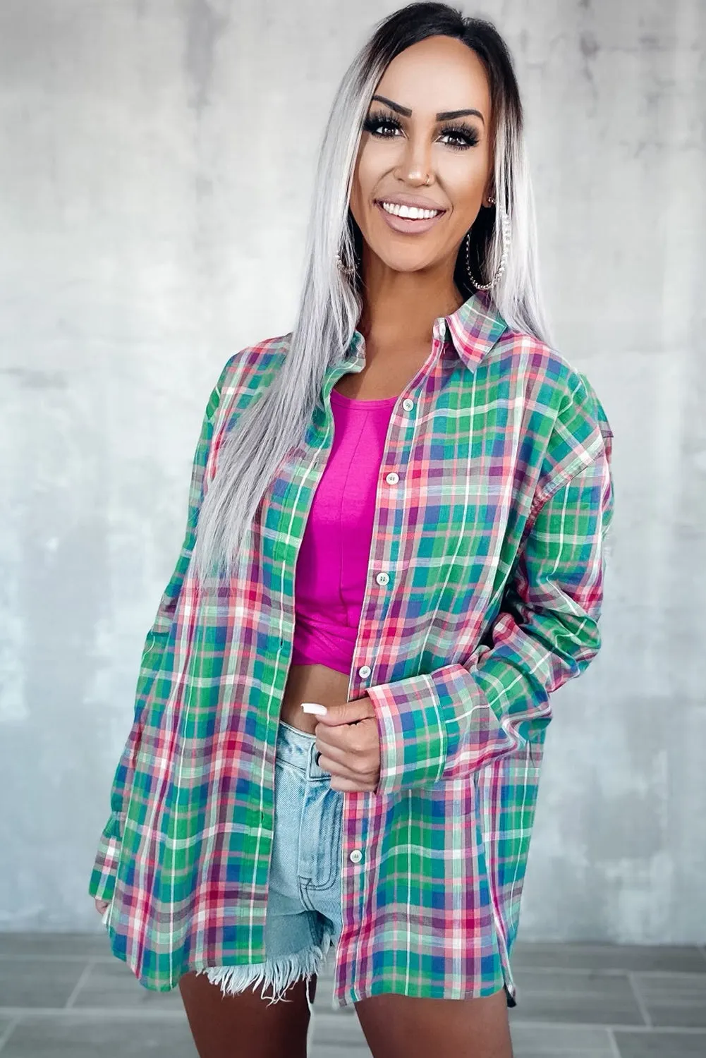 Plaid Long Sleeve Button Down Split Shirt