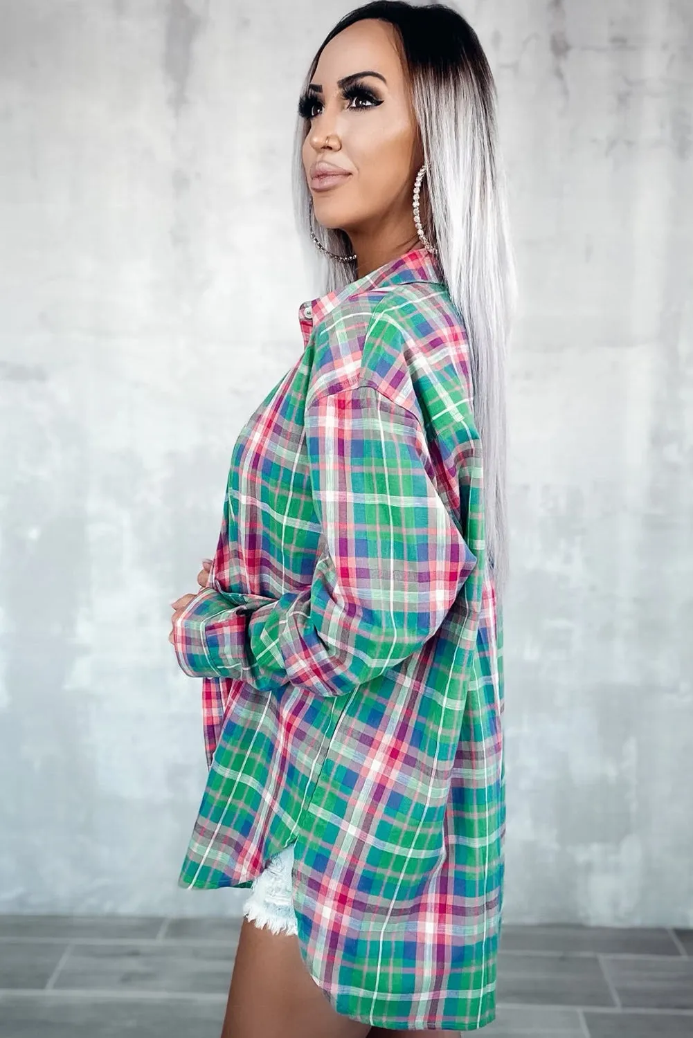 Plaid Long Sleeve Button Down Split Shirt