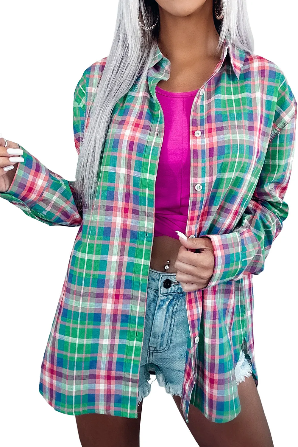 Plaid Long Sleeve Button Down Split Shirt