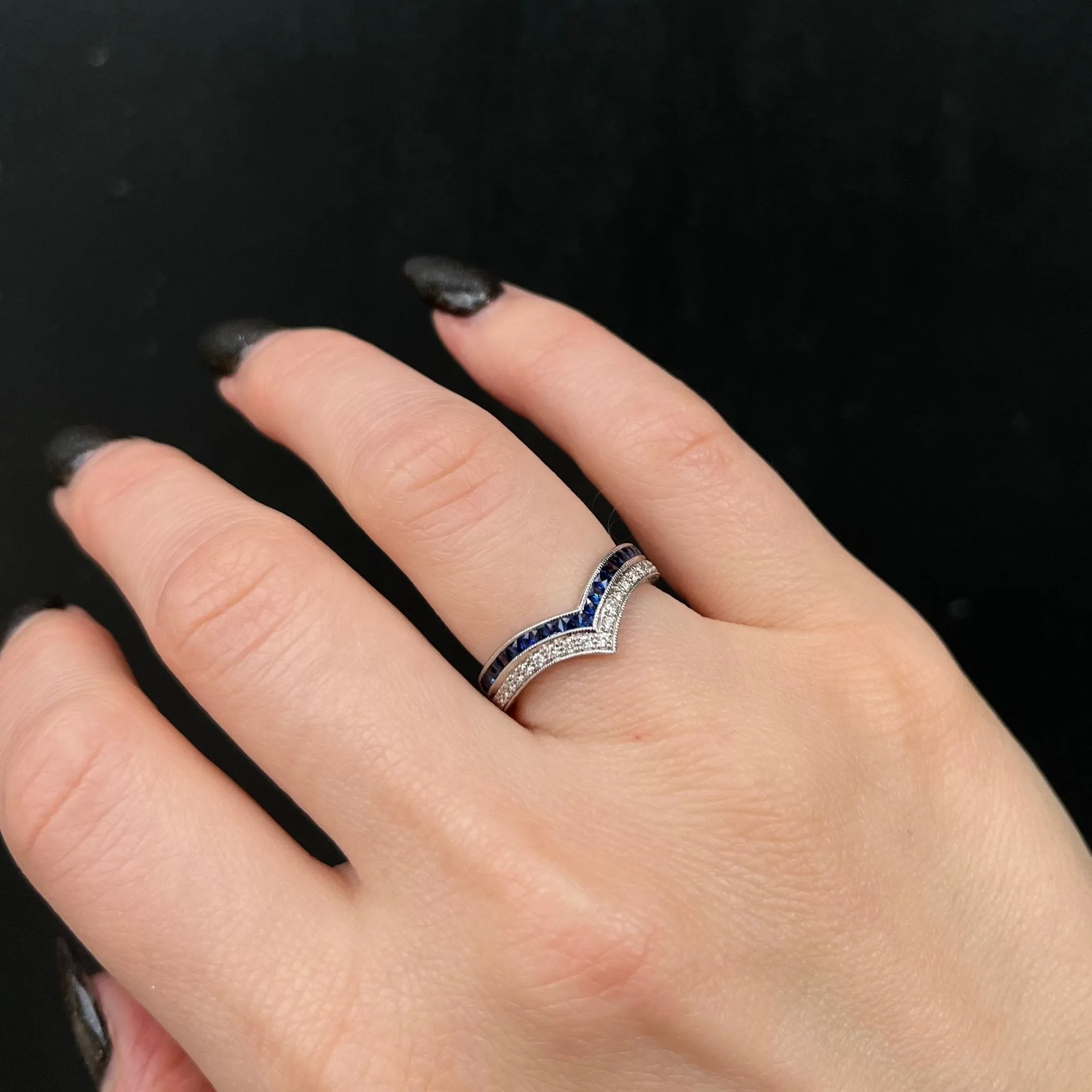 Platinum 0.16 Carat Diamond and French Cut Blue Sapphire Curve Band