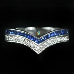 Platinum 0.16 Carat Diamond and French Cut Blue Sapphire Curve Band