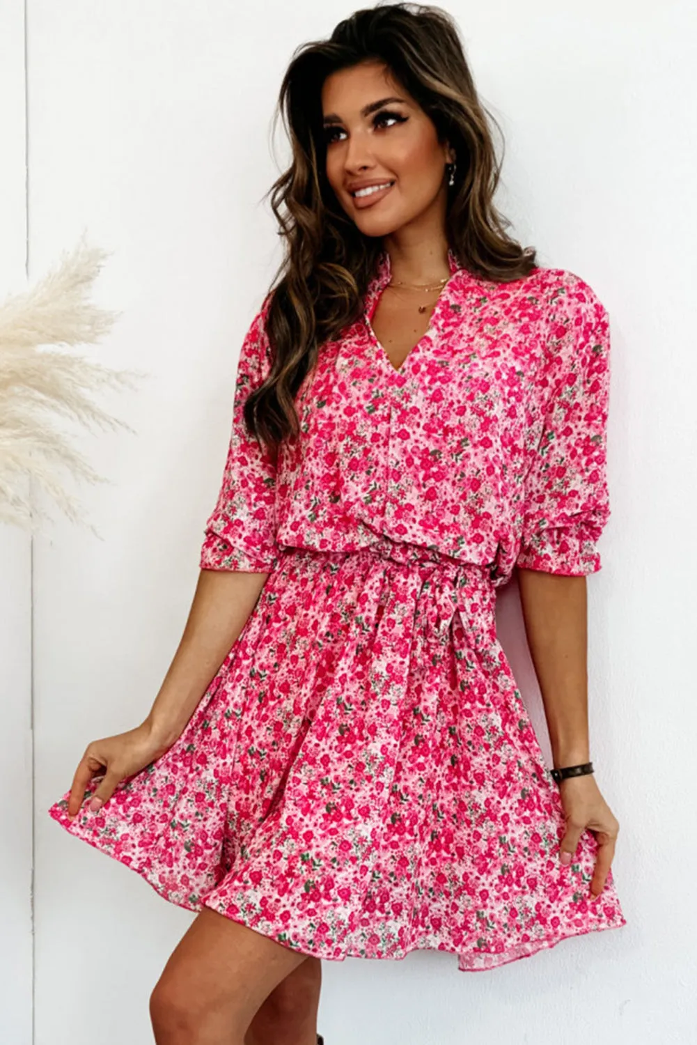 Rose Ditsy Floral Notch V Neck Belted Swing Dress