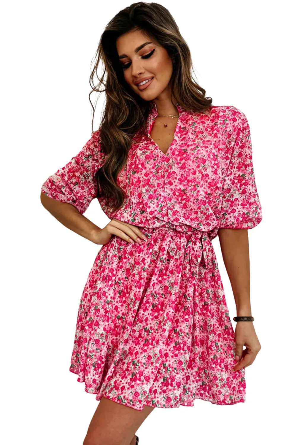 Rose Ditsy Floral Notch V Neck Belted Swing Dress