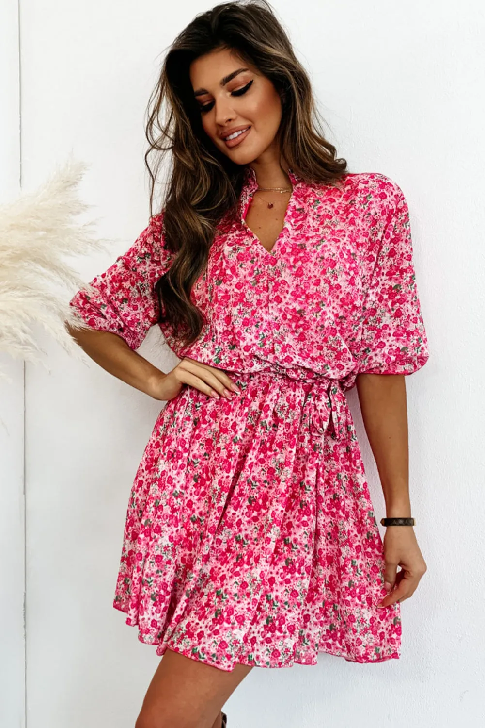 Rose Ditsy Floral Notch V Neck Belted Swing Dress