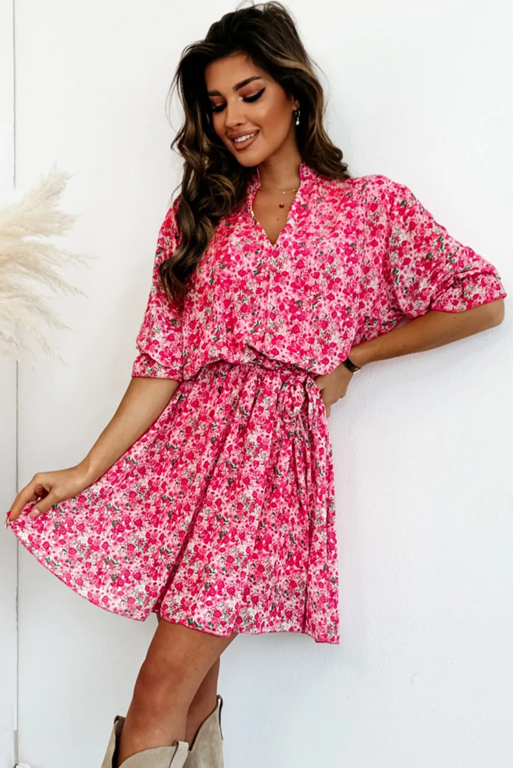 Rose Ditsy Floral Notch V Neck Belted Swing Dress