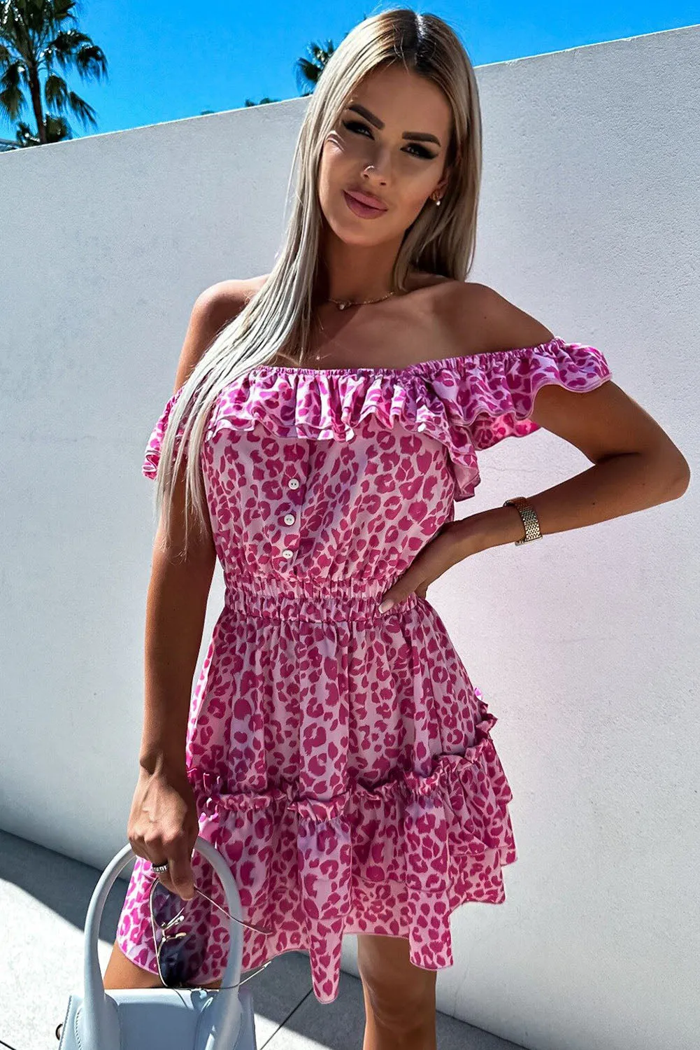 Rose Leopard Off Shoulder Buttoned Ruffled Mini Dress