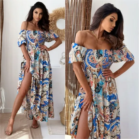 Smocked Paisley Harmony Maxi Dress - Blue